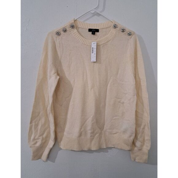J Crew Women Medium Rhinestone  Button Shoulder Ivory Wool Sweater Crewneck $110 - Picture 1 of 8